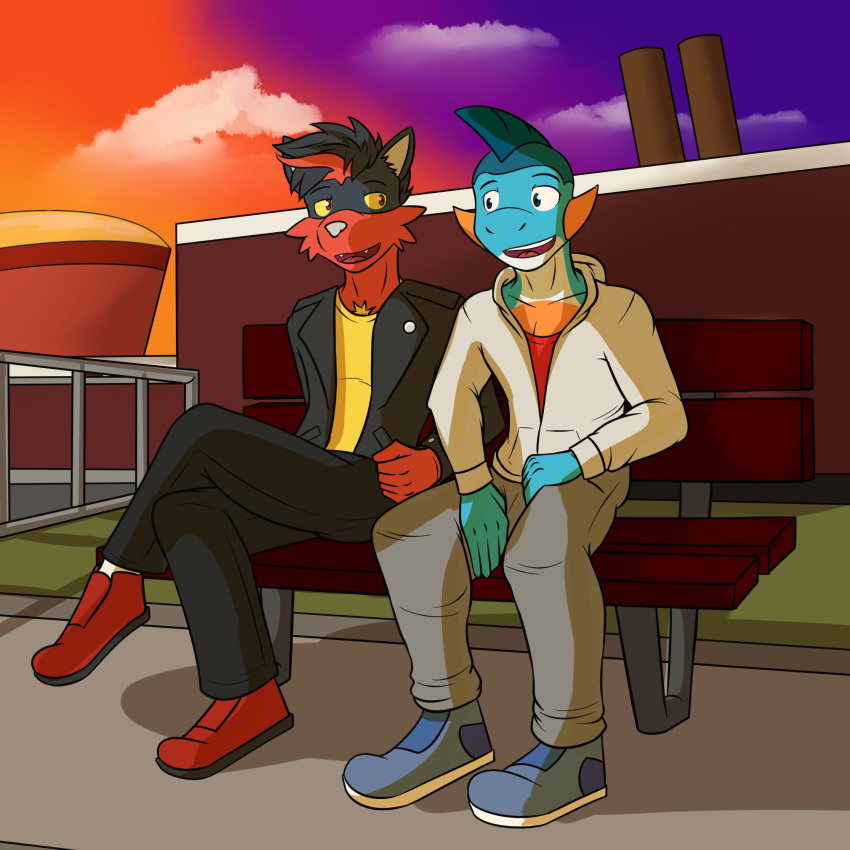 1:1 anthro anthrofied bench clothed clothing duo evening fully_clothed fuze gao_(fuze) hi_res lucas_(fuze) male marshtomp nintendo outside pok&eacute;mon pok&eacute;mon_(species) sitting torracat video_games
