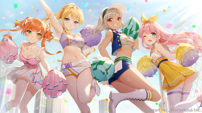 4girls ;o arm_up armpits bare_arms bare_shoulders blonde_hair blue_eyes blue_shorts blue_vest boots breasts cheerleader choker cleavage closed_mouth collarbone confetti crop_top dark_skin eksistere_kyrenia frilled girl_cafe_gun gradient green_eyes grey_hair grin hair_ribbon hand_up has_bad_revision has_downscaled_revision high-waist_skirt highres holding_pom_poms juno_emmons knee_boots large_breasts leg_up lida_romero long_hair looking_at_viewer medium_breasts midriff miniskirt multiple_girls navel official_art one_eye_closed open_mouth orange_hair pink_hair pink_shirt ponytail red_eyes ribbon rococo_(girl_cafe_gun) sailor_collar shiratama_akane shirt short_shorts shorts skirt sleeveless sleeveless_shirt smile stomach striped striped_legwear thighhighs thighs twintails two_side_up v-shaped_eyebrows vest visor_cap white_footwear white_legwear white_ribbon white_shirt white_skirt yellow_skirt zettai_ryouiki