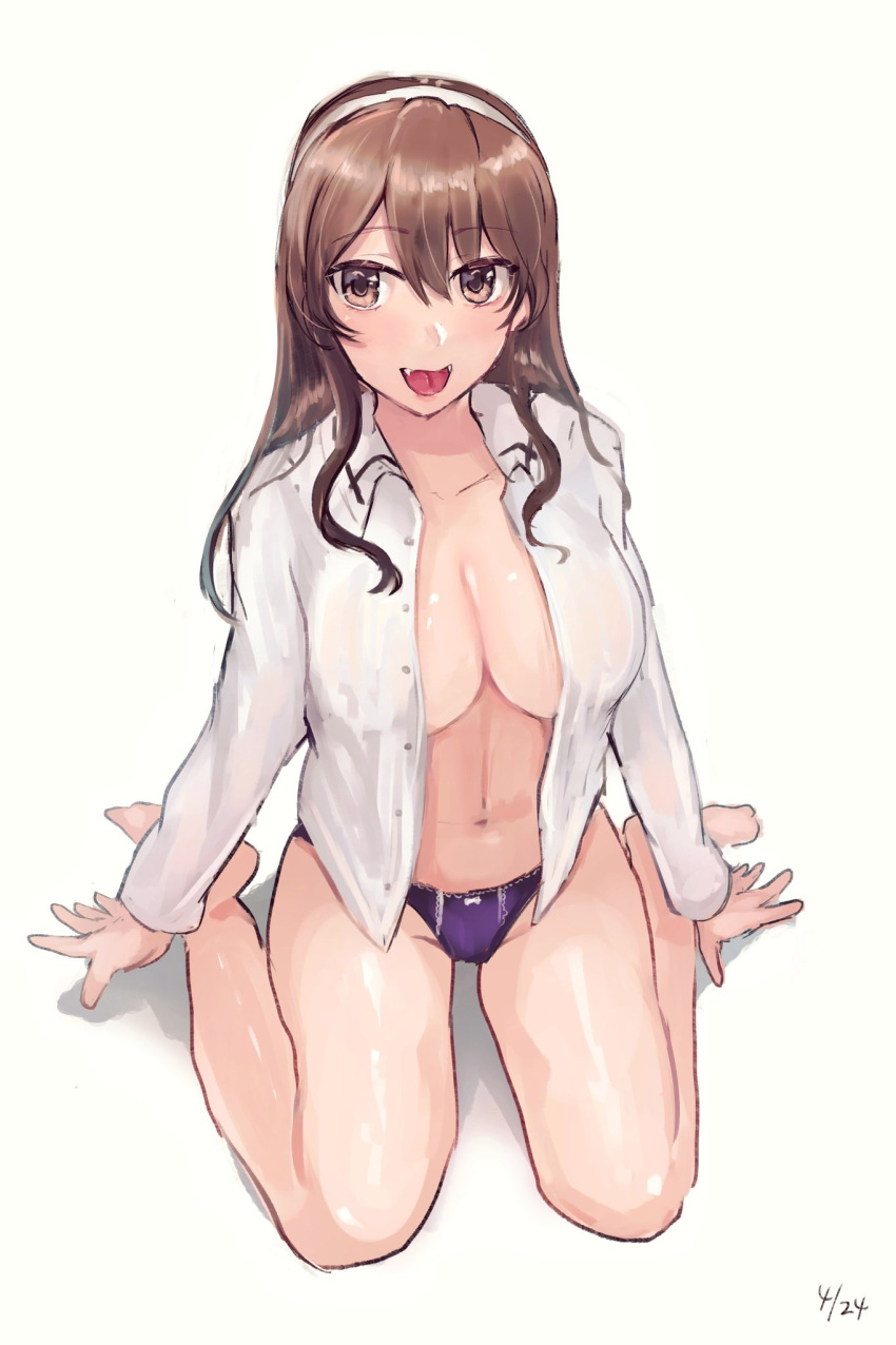 1girl ashigara_(kantai_collection) barefoot breasts brown_eyes brown_hair cleavage dress_shirt fang full_body hairband highres kantai_collection large_breasts long_hair miyako_(00727aomiyako) no_bra open_clothes open_mouth open_shirt panties purple_panties shirt simple_background sitting smile solo underwear wariza wavy_hair white_background white_hairband white_shirt