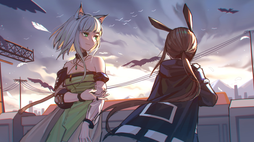 2girls absurdres amiya_(arknights) animal_ears arknights bangs bare_shoulders black_choker black_jacket brown_hair bunny_ears choker criss-cross_halter dress eyebrows_visible_through_hair from_behind green_dress green_eyes halterneck highres jacket kal'tsit_(arknights) long_hair long_sleeves looking_at_another multiple_girls off-shoulder_dress off_shoulder outdoors ponytail power_lines short_hair silver_hair smile upper_body zhili_xingzou