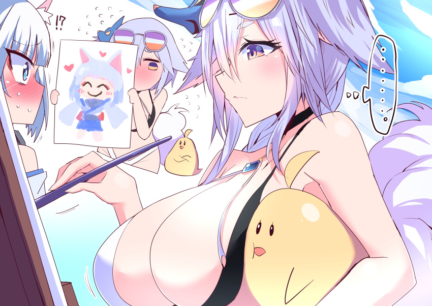 !? ... 2girls absurdres animal_ears azur_lane bare_shoulders black_choker blush breasts canvas_(object) choker commentary_request criss-cross_halter cropped_torso detached_sleeves embarrassed fluffy flying_sweatdrops fox_ears fox_mask fox_tail hair_between_eyes halterneck highres himiya_ramune kaga_(battleship)_(azur_lane) looking_at_another looking_to_the_side manjuu_(azur_lane) mask mask_on_head motion_lines multiple_girls nervous paint painting painting_(object) short_eyebrows spoken_ellipsis string_bikini sunglasses sweat tail thought_bubble tosa_(azur_lane) tosa_(hometown_zest)_(azur_lane) two-tone_bikini upper_body