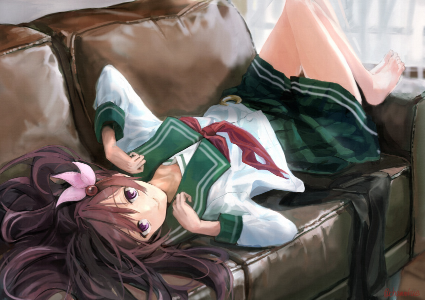 1girl absurdres bangs barefoot chamu_(chammkue) couch crescent eyebrows_visible_through_hair green_sailor_collar green_skirt hair_ornament highres huge_filesize indoors kantai_collection kisaragi_(kantai_collection) long_hair long_sleeves lying neckerchief on_back purple_eyes red_neckwear sailor_collar school_uniform serafuku skirt smile solo twitter_username