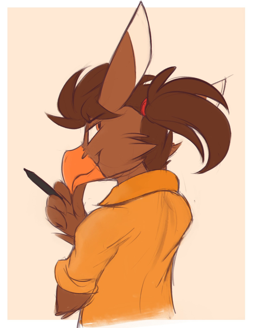 2020 anthro avian beak bird brown_body brown_feathers brown_hair clothing dripponi feather_hands feathers hair half-closed_eyes hi_res holding_pen looking_back male narrowed_eyes orange_eyes pen ponytail pretzel_(piemations) shirt simple_background smile smirk solo topwear white_background