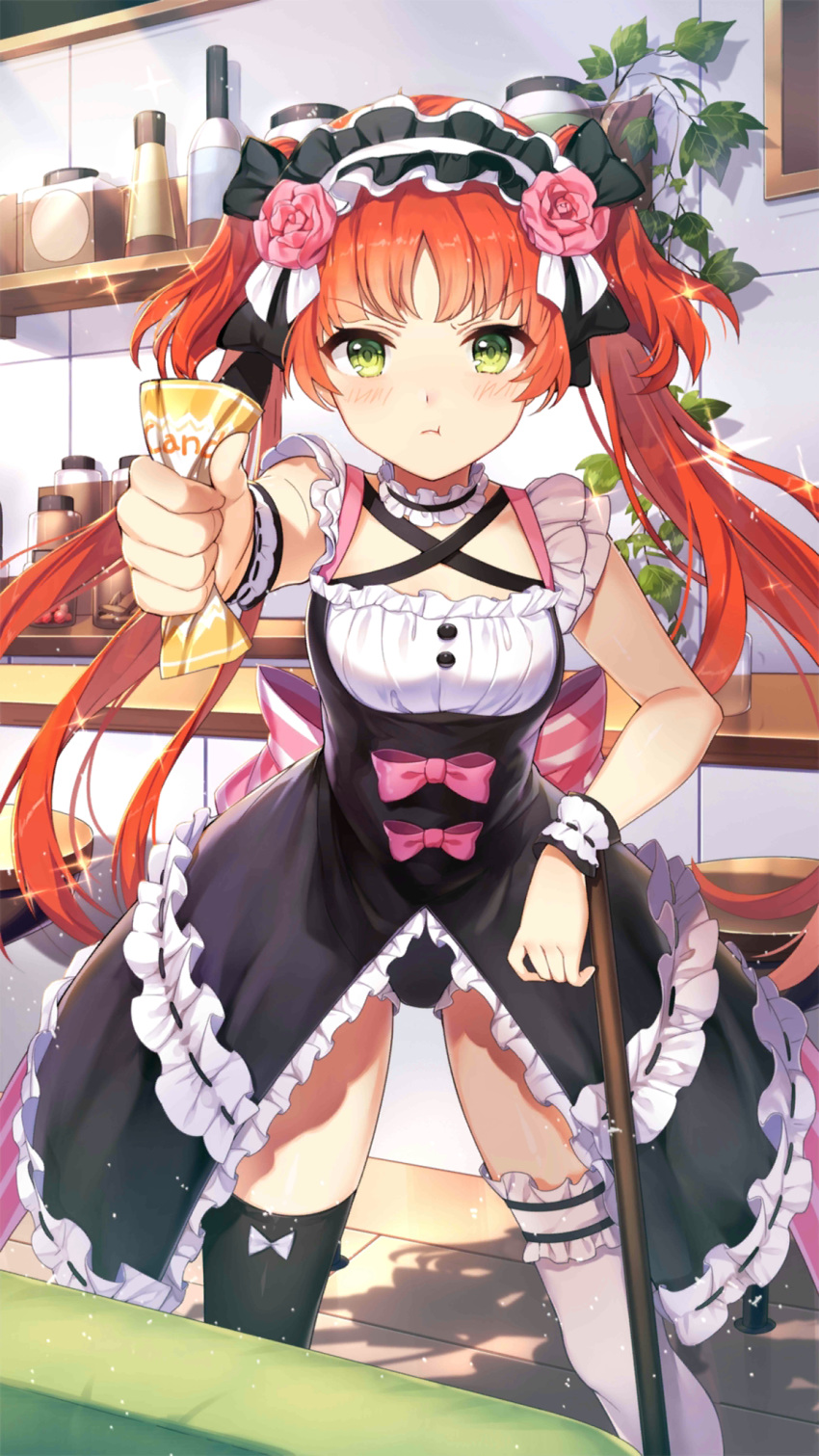 1girl :t alternate_costume asymmetrical_legwear bare_shoulders black_dress black_legwear black_panties bow choker criin dress enmaided flower frilled_choker frilled_dress frilled_panties frills girl_cafe_gun green_eyes hair_flower hair_ornament highres holding long_hair looking_at_viewer maid maid_headdress official_art outstretched_arm panties pink_bow pout red_hair rococo_(girl_cafe_gun) sleeveless sleeveless_dress solo sparkle standing thighhighs thighs twintails underwear v-shaped_eyebrows white_legwear wrist_cuffs