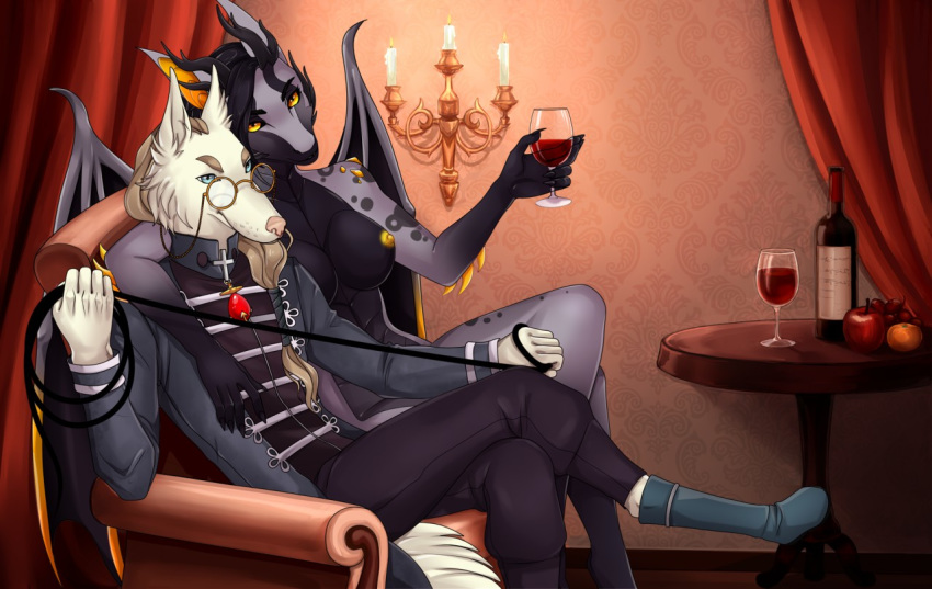 alcohol anthro beverage clothed clothing detailed_background dragon duo eyewear female fully_clothed glasses male male/female nude vi wine wine_bottle wine_glass