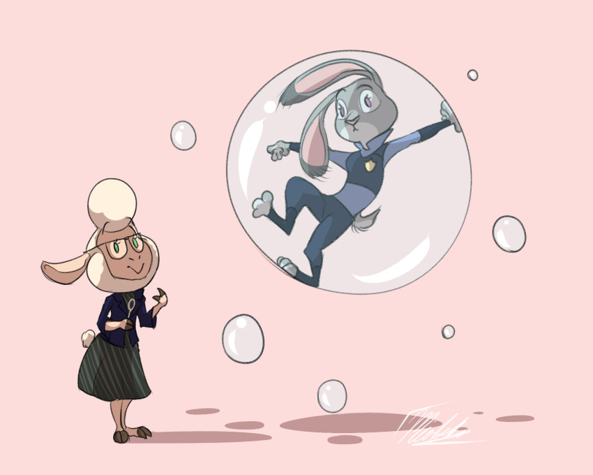 2020 5:4 anthro bottomwear bubble clothed clothing dawn_bellwether dipstick_ears disney dot_eyes duo eyewear floating fully_clothed fur glasses grey_body grey_fur hi_res judy_hopps lagomorph leporid mammal multicolored_ears pink_background police_uniform rabbit simple_background skirt standing totino-s uniform zootopia