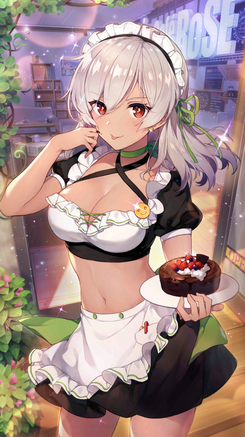 1girl alternate_costume apron black_shirt black_skirt breasts cake choker cleavage collarbone cowboy_shot crop_top earrings enmaided food frilled_shirt frills girl_cafe_gun glint green_choker hand_up highres holding jewelry large_breasts lida_romero long_hair looking_at_viewer maid maid_apron maid_headdress midriff miniskirt navel official_art plant puffy_short_sleeves puffy_sleeves red_eyes ribbon_choker shibano_kaito shirt short_sleeves silver_hair skirt smile solo standing stomach tongue tongue_out tray waist_apron