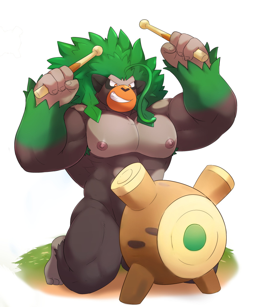 4_fingers absurd_res anthro armpit_hair biceps body_hair brown_body brown_fur drum drumming_stick fingers fur green_hair grin hair hi_res holding_object kneeling male mammal muscular muscular_male musical_instrument nintendo nipples nude o-ro orange_eyes pecs percussion_instrument percussion_mallet pok&eacute;mon pok&eacute;mon_(species) primate rillaboom smile solo video_games