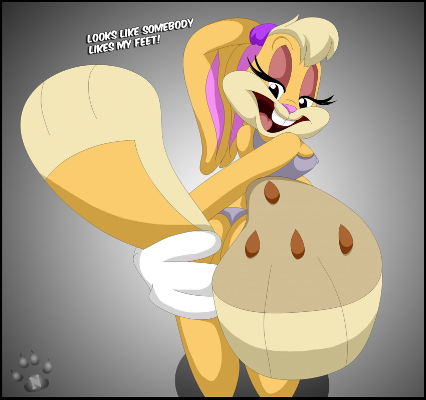 anthro buckteeth clothed clothing erect_nipples hi_res lagomorph leporid lola_bunny looney_tunes mammal nipples open_mouth pawneddyfurry pawpads paws rabbit soles teeth text warner_brothers