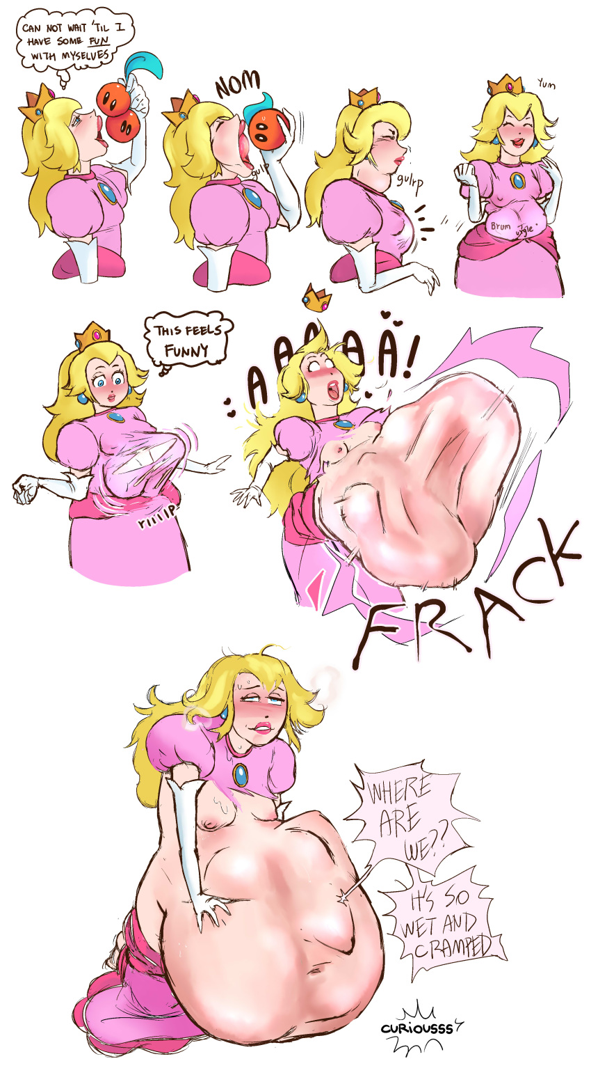 abdominal_bulge absurd_res blonde_hair blue_eyes blush breast_squish breasts bulge butt clothed clothing clothing_lift clothing_pull comic crown curiousss double_cherry english_text female group hair hi_res human magic mammal mario_bros narrowed_eyes nintendo nipples not_furry nude open_mouth oral_vore princess_peach solo squish text tongue torn_clothing video_games vore