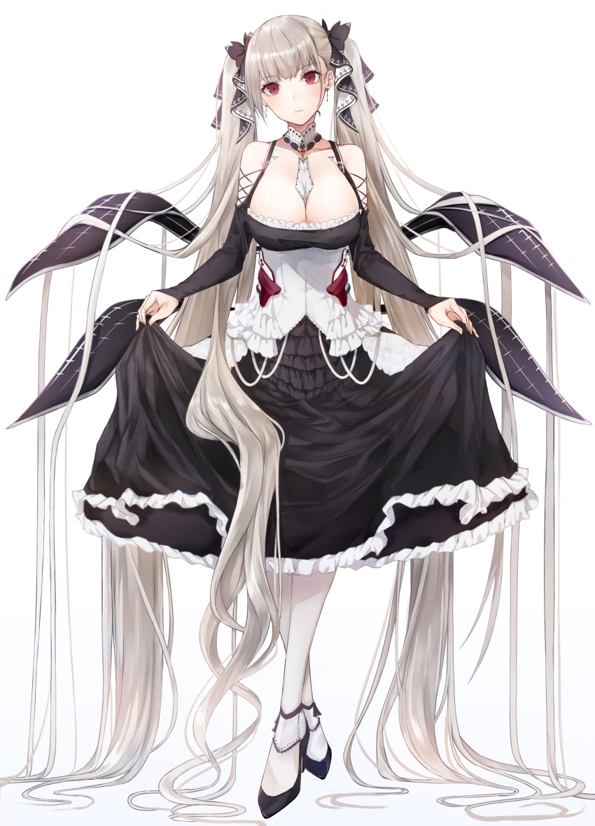 1girl absurdres azur_lane between_breasts black_dress black_footwear breasts cleavage closed_mouth commentary crossed_legs detached_collar dress earrings expressionless eyebrows_visible_through_hair eyelashes floating_clothes formidable_(azur_lane) frilled_dress frills head_tilt high_heels highres jewelry large_breasts long_hair long_sleeves looking_at_viewer off-shoulder_dress off_shoulder red_eyes shoulder_cutout silver_hair simple_background skirt_hold solo sukuemon twintails very_long_hair white_background white_legwear