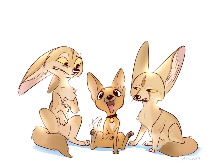 2018 ambiguous_gender brown_body brown_fur canid canine canis chihuahua collar domestic_dog ears_back fennec feral fox fur group hi_res looking_at_another mammal open_mouth open_smile pivoted_ears ribbontini simple_background sitting smile tailwag tan_body tan_fur tongue tongue_out toy_dog white_background