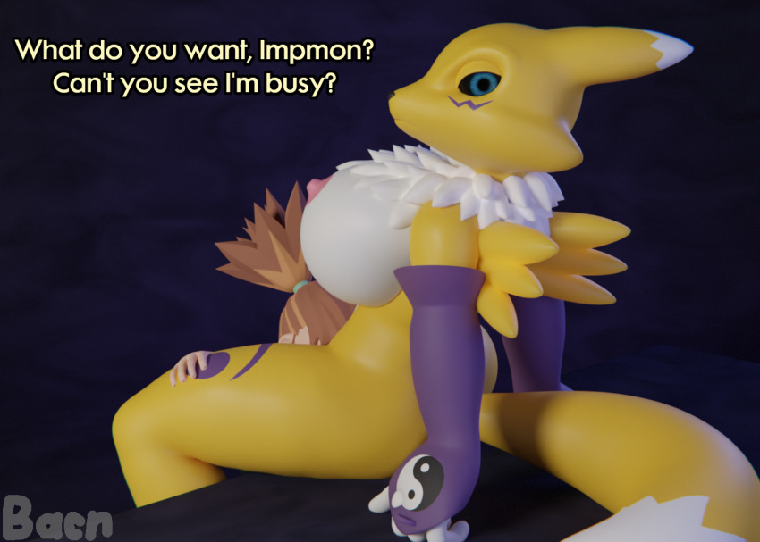 anthro bacn big_breasts black_sclera breasts canid canine clothing cunnilingus dialogue digimon digimon_(species) digital_media_(artwork) duo female female/female fox hair human human_on_anthro interspecies looking_at_viewer mammal nipples nude oral renamon rika_nonaka sex simple_background sitting spread_legs spreading text vaginal