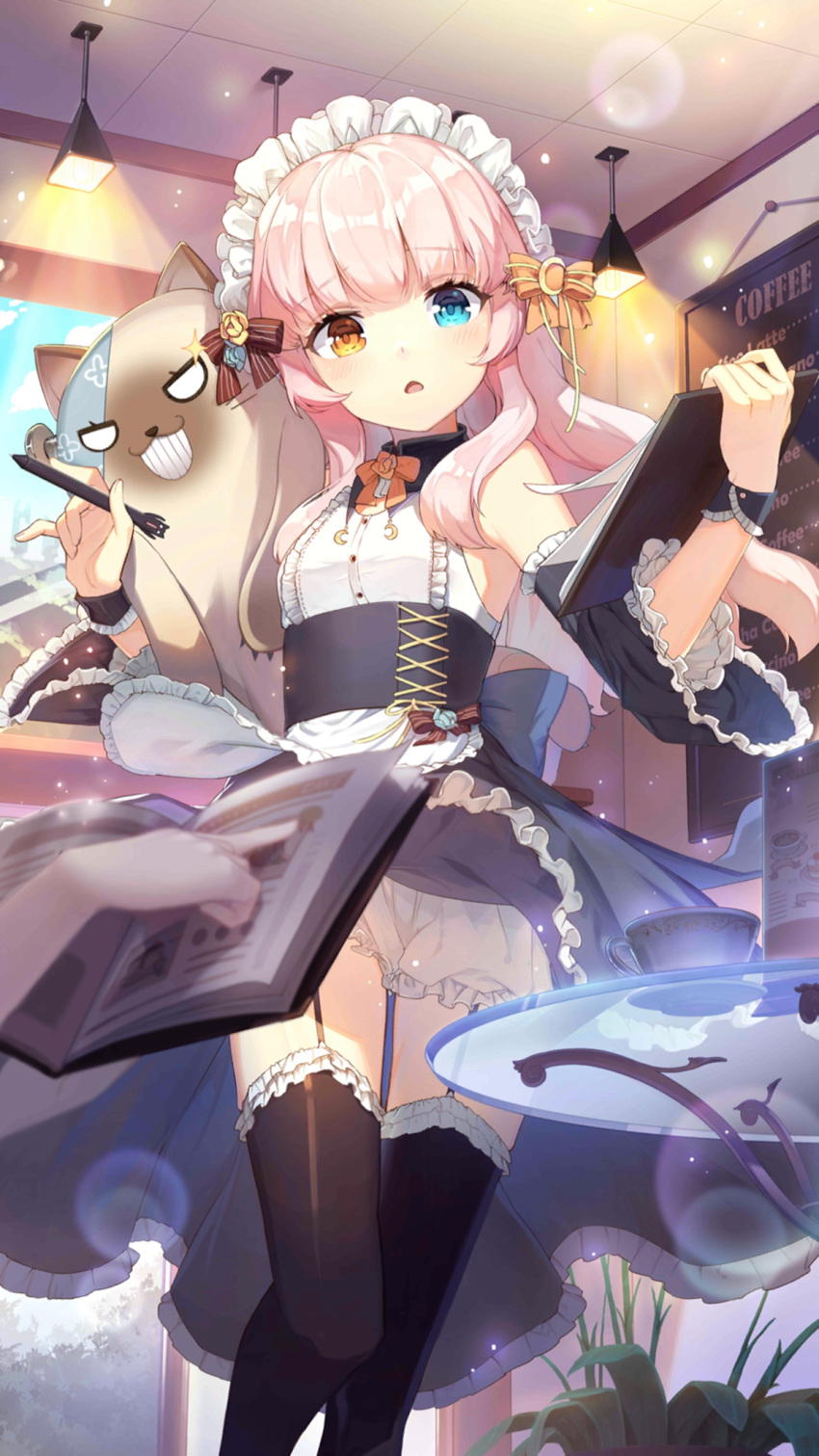 1girl alternate_costume apron armpits bare_shoulders black_dress black_legwear bloomers blue_eyes blurry book bow bowtie ceiling_light criin depth_of_field detached_sleeves dress eksistere_kyrenia enmaided flat_chest frilled_dress frills garter_straps girl_cafe_gun heterochromia highres holding indoors long_hair looking_at_viewer maid maid_apron maid_headdress official_art orange_eyes parted_lips pen pink_hair solo stuffed_animal stuffed_cat stuffed_toy table thighhighs underbust underwear wide_sleeves wrist_cuffs