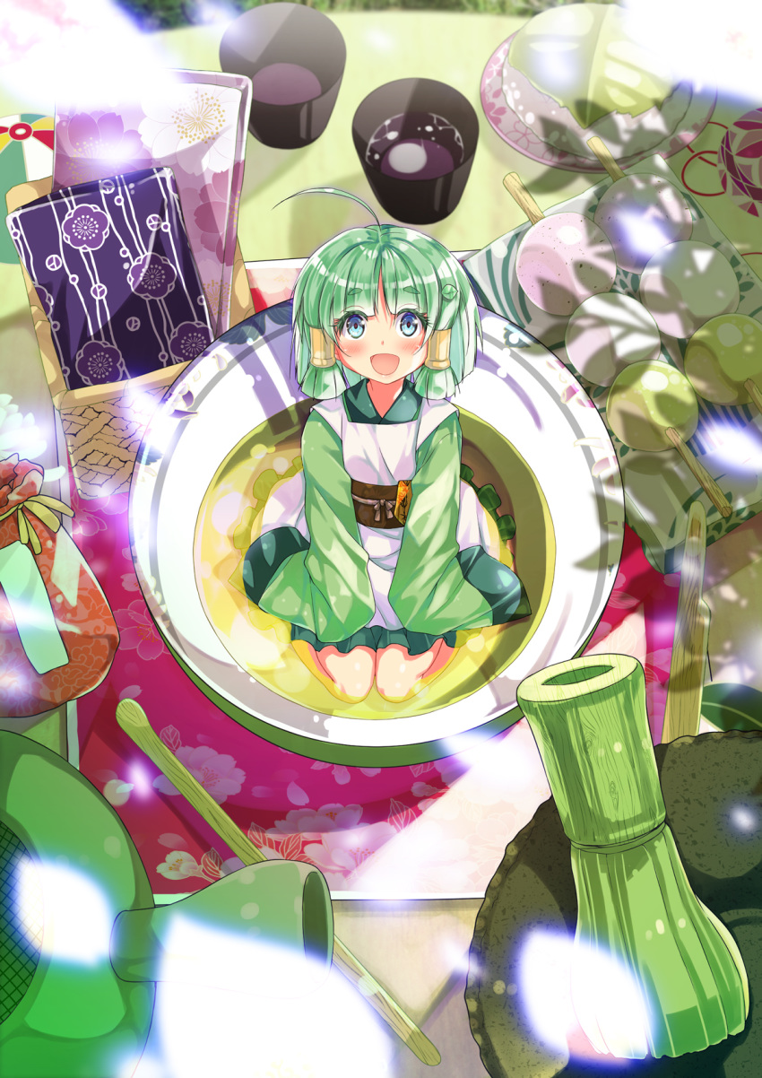 1girl :d ahoge apron bangs basket blue_eyes cafe-chan_to_break_time commentary_request cup dango eyebrows_visible_through_hair food green_hair green_kimono green_skirt green_tea highres in_container in_cup japanese_clothes kimono long_sleeves looking_at_viewer midori_(cafe-chan_to_break_time) obi open_mouth pleated_skirt porurin pouch sanshoku_dango sash sidelocks skirt sleeves_past_fingers sleeves_past_wrists smile solo tea teacup thick_eyebrows wagashi white_apron wide_sleeves