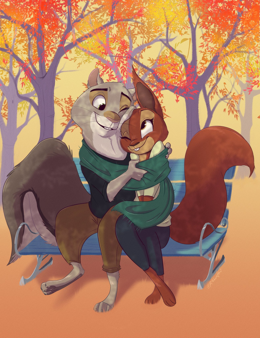 2019 anthro autumn barefoot bench brown_body brown_fur buckteeth clothed clothing duo fully_clothed fur grey_body grey_fur hi_res leaf mammal one_eye_closed outside qalcove_(character) ribbontini rodent scarf sciurid sitting teeth tree tree_squirrel