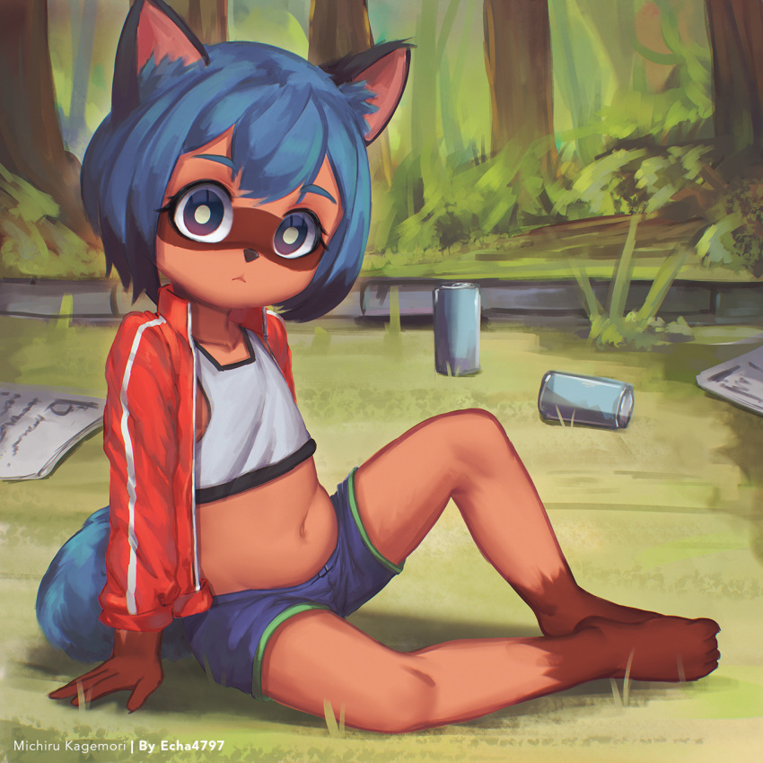 1girl animal_ears barefoot belly blue_eyes blue_hair blue_shorts brand_new_animal character_name echa4797 furry highres jacket kagemori_michiru legs midriff navel outdoors raccoon_ears raccoon_girl raccoon_tail red_jacket short_hair short_shorts shorts sitting solo tail tank_top thighs track_jacket tree white_tank_top