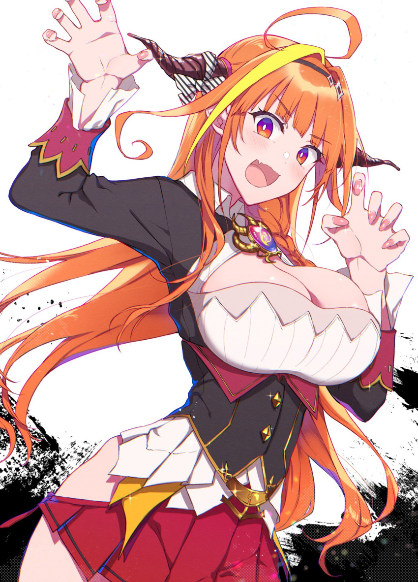 breasts cleavage commentary_request fangs gao hair_ornament hair_ribbon highres hololive horns kiryuu_coco long_hair long_sleeves looking_at_viewer multicolored multicolored_eyes open_mouth orange_hair pochi_(pochi-goya) ribbon simple_background virtual_youtuber