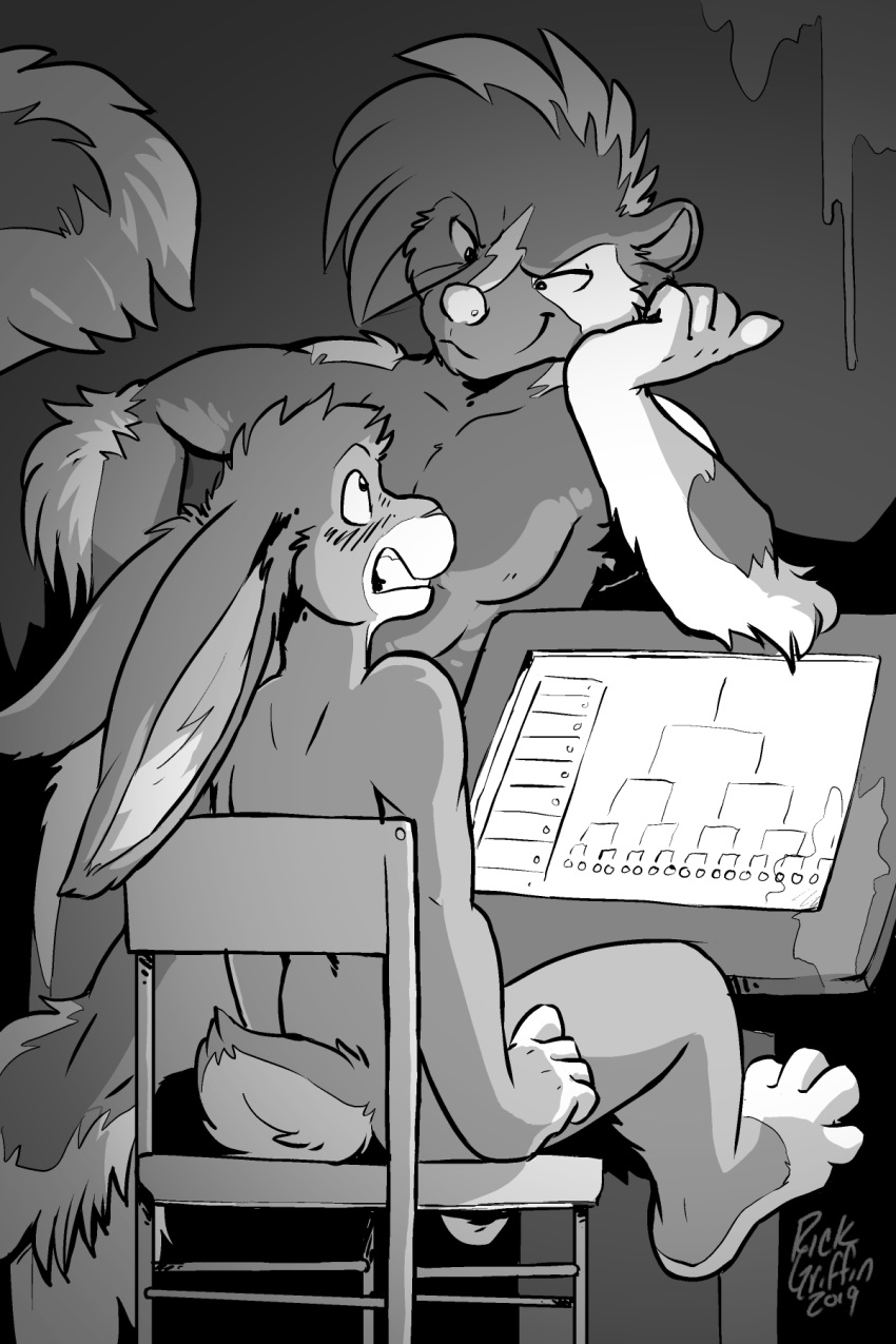 2019 2:3 anthro blush chair duo furniture greyscale hair hi_res lagomorph leporid looking_at_another male mammal mephitid monitor monochrome nude paris_(pit_fighters) pit_fighters rabbit rick_griffin skunk smile spotted_skunk teeth