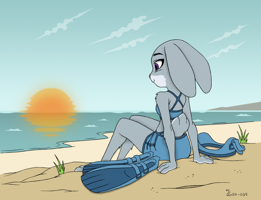 anthro beach clothed clothing cloud color_edit colored darkbunny666 disney ears_down edit female fully_clothed hi_res judy_hopps lagomorph leporid mammal outside pivoted_ears purple_eyes rabbit sand sea seaside shoxxe sitting sky solo sun swimwear water zootopia