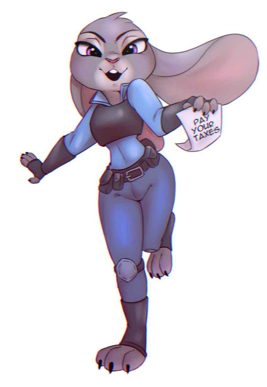 2020 anthro buckteeth clothed clothing disney english_text female fully_clothed fur grey_body grey_fur head_tuft hi_res holding_object judy_hopps lagomorph leporid looking_at_viewer mammal open_mouth open_smile police_uniform purple_eyes rabbit rin_tyan simple_background smile solo teeth text toeless_legwear tuft uniform white_background zootopia