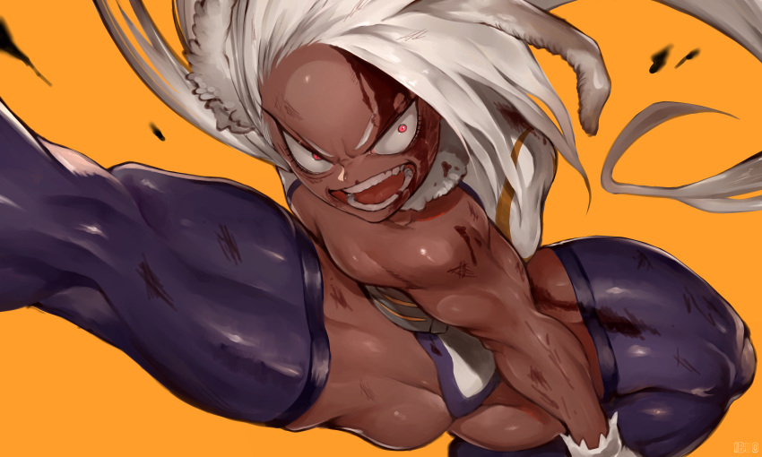 1girl absurdres animal_ears bare_shoulders blood blood_on_face boku_no_hero_academia bunny_ears commentary_request constricted_pupils dark_skin densen_(itoguchi) forehead highleg highleg_leotard highres injury jump_kick leotard muscle muscular_female open_mouth orange_background purple_legwear silver_hair solo thick_thighs thighhighs thighs usagiyama_rumi white_leotard