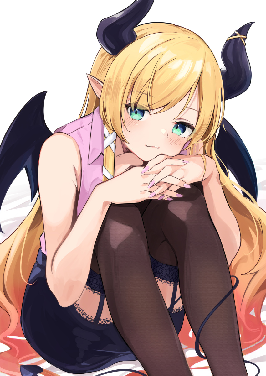 1girl absurdres anbasa_(amaneyuz13) bangs black_skirt blonde_hair blush brown_legwear closed_mouth commentary_request demon_girl demon_horns demon_tail demon_wings eyebrows_visible_through_hair feet_out_of_frame garter_straps gradient_hair green_eyes highres hololive horns knees_up long_hair looking_at_viewer multicolored_hair nail_polish orange_hair own_hands_together pink_nails pink_shirt pointy_ears shirt simple_background sitting skirt solo tail tail_around_leg thighhighs very_long_hair virtual_youtuber white_background wings yuzuki_choco