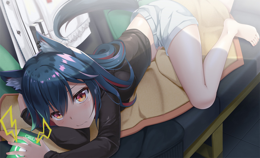 1girl animal_ear_fluff animal_ears arknights arms_up bangs barefoot black_shirt blue_hair blush breasts cellphone closed_mouth commentary_request couch eyebrows_visible_through_hair hair_between_eyes indoors jacket jacket_removed lightning_bolt long_hair long_sleeves looking_at_viewer lying medium_breasts multicolored_hair on_couch on_side phone red_eyes red_hair shirt short_shorts shorts solo tail texas_(arknights) tile_floor tiles two-tone_hair wapokichi white_jacket white_shorts