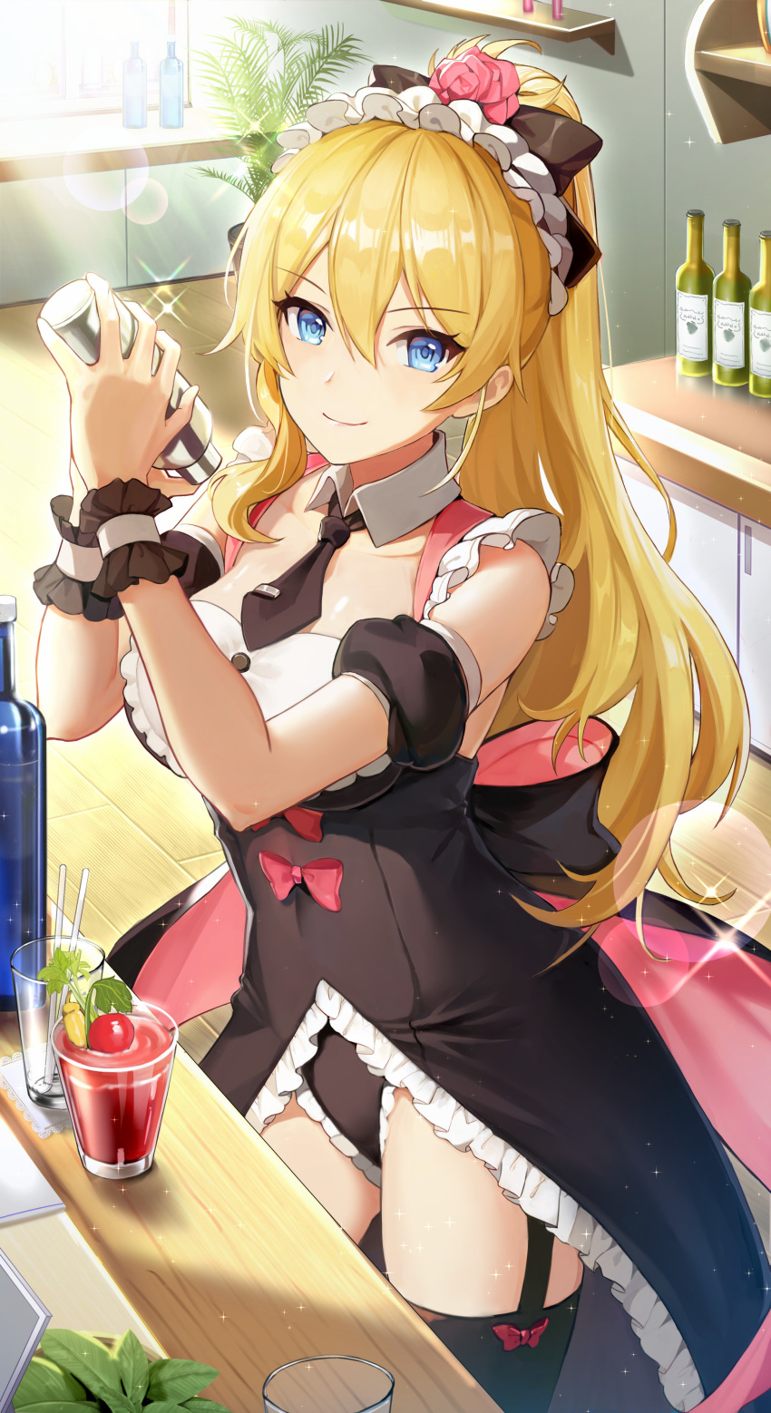 1girl absurdres alcohol alternate_costume black_dress black_legwear black_panties blonde_hair blue_eyes bottle bow breasts cup detached_collar detached_sleeves dress drink drinking_glass enmaided flower frilled_dress frilled_panties frills garter_straps girl_cafe_gun hair_between_eyes hair_bow hair_flower hair_ornament highres holding juno_emmons large_breasts lens_flare long_hair looking_at_viewer maid maid_headdress necktie official_art panties pink_bow ponytail puffy_short_sleeves puffy_sleeves rokuwata_tomoe short_necktie short_sleeves smile solo sparkle standing thighhighs thighs underwear wrist_cuffs