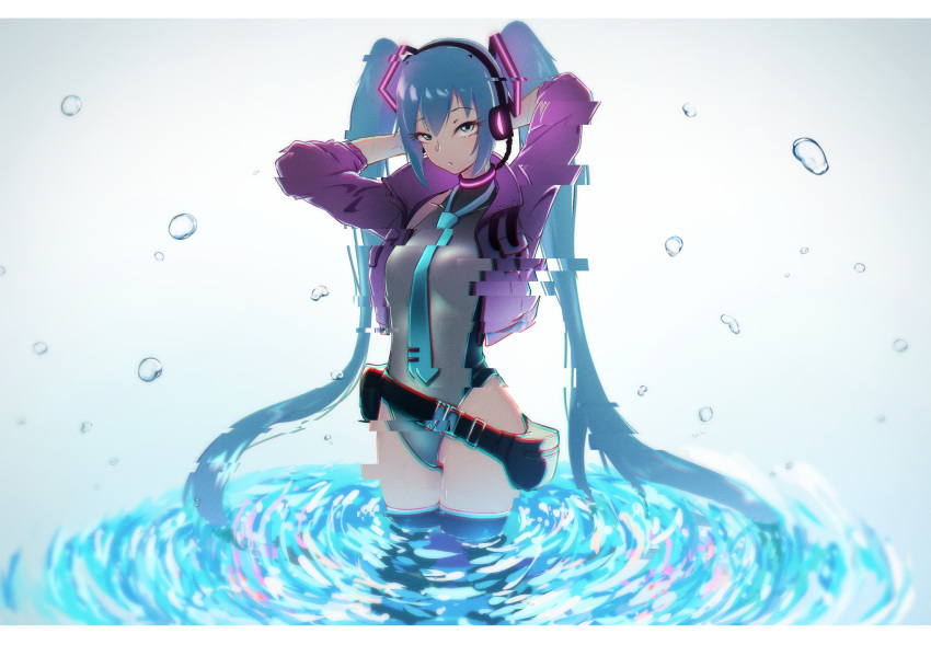 1girl aqua_eyes aqua_neckwear arms_behind_head arms_up bare_hips belt belt_pouch black_legwear blue_hair breasts closed_mouth competition_swimsuit glitch glowing gradient gradient_background grey_background grey_swimsuit hatsune_miku headphones highres jacket kasoku_souchi letterboxed long_hair long_sleeves looking_at_viewer medium_breasts necktie one-piece_swimsuit open_clothes open_jacket pouch purple_jacket ripples sidelocks solo standing swimsuit swimsuit_under_clothes thighhighs twintails very_long_hair vocaloid water water_drop