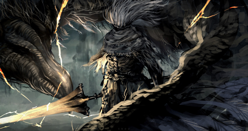 absurdres covered_face dark_souls_iii densen_(itoguchi) grey_hair highres holding holding_sword holding_weapon huge_weapon lightning long_hair messy_hair nameless_king souls_(from_software) sword weapon zweihander