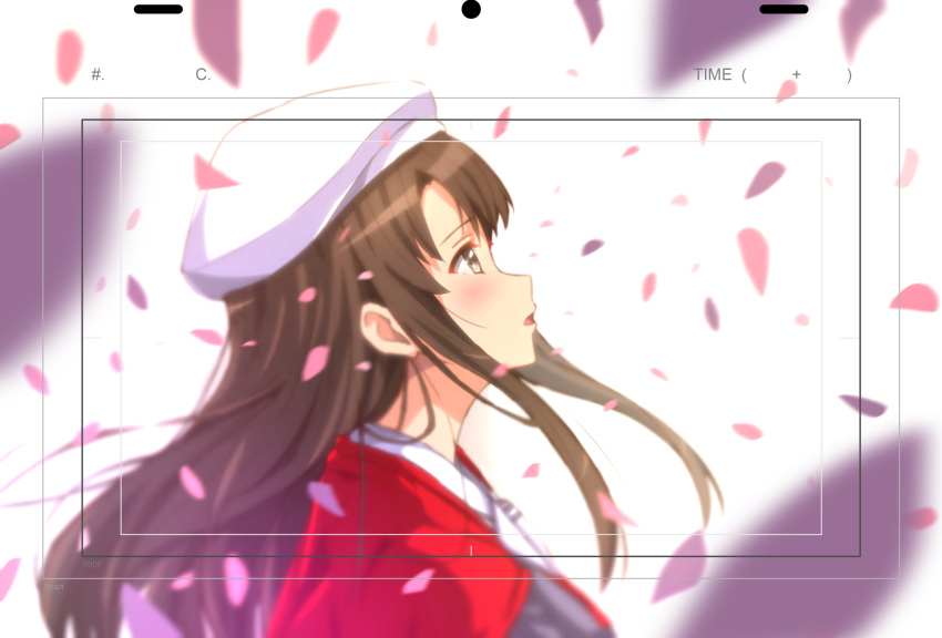 1girl alternate_hair_length alternate_hairstyle bangs beret blurry blurry_background blurry_foreground blush brown_eyes brown_hair hat highres jacket katou_megumi kazeno long_hair looking_up open_mouth petals profile red_jacket saenai_heroine_no_sodatekata solo wind