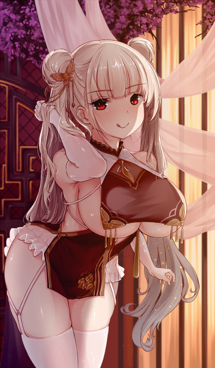 1girl alternate_costume arm_up azur_lane bare_shoulders bird black_dress blush breasts china_dress chinese_clothes cleavage double_bun dress elbow_gloves eyebrows_visible_through_hair flower formidable_(azur_lane) gloves hair_ribbon highres large_breasts long_hair looking_at_viewer pantyhose purple_flower red_eyes rhineheim ribbon solo tentacles thighs tongue tongue_out underboob very_long_hair white_gloves white_legwear