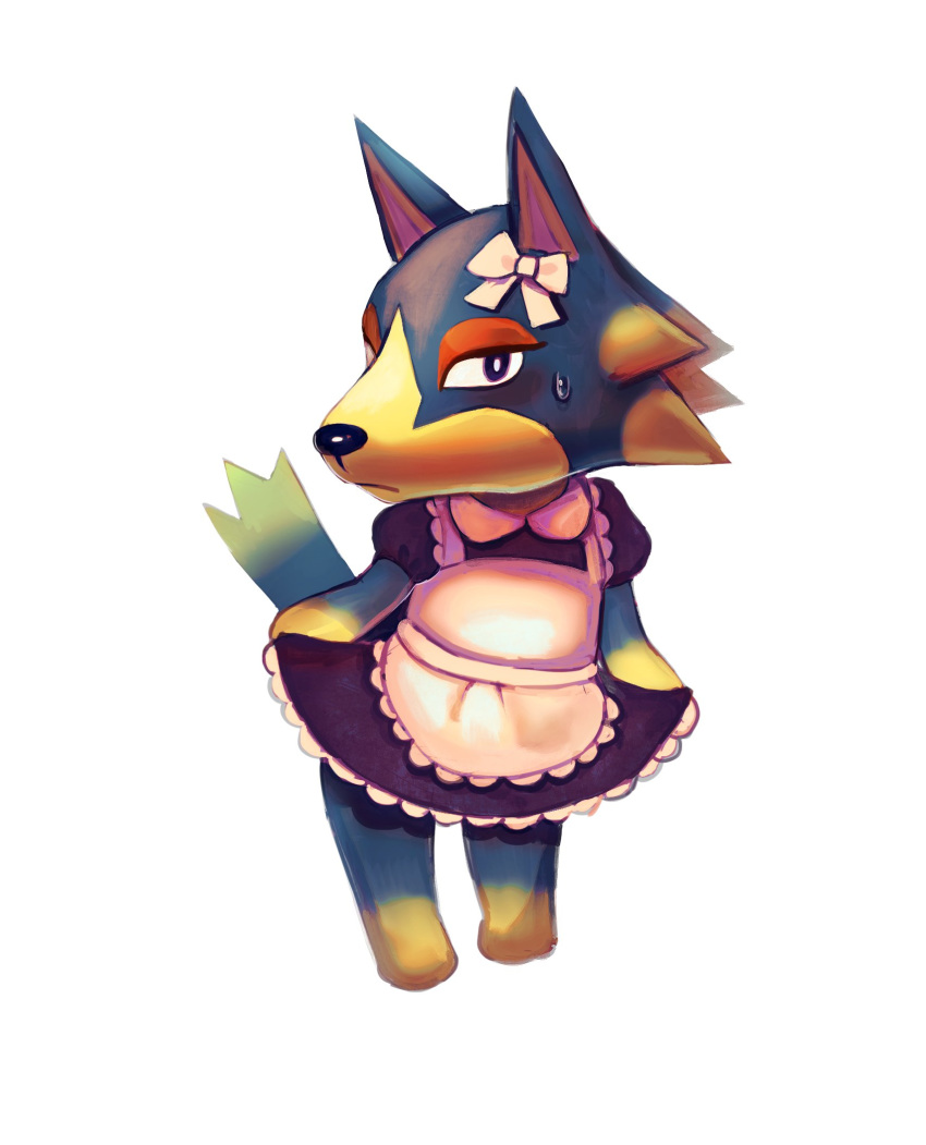 accessory ambiguous_gender animal_crossing anthro black_nose blue_body blue_fur blush bodily_fluids canid canine canis clothed clothing crossdressing fur hair_accessory hair_bow hair_ribbon hi_res looking_at_viewer maid_uniform male male_(lore) mammal nervous nintendo ribbons simple_background solo sweat sweatdrop uniform video_games white_background wolf wolfgang_(animal_crossing) yukihoshiak