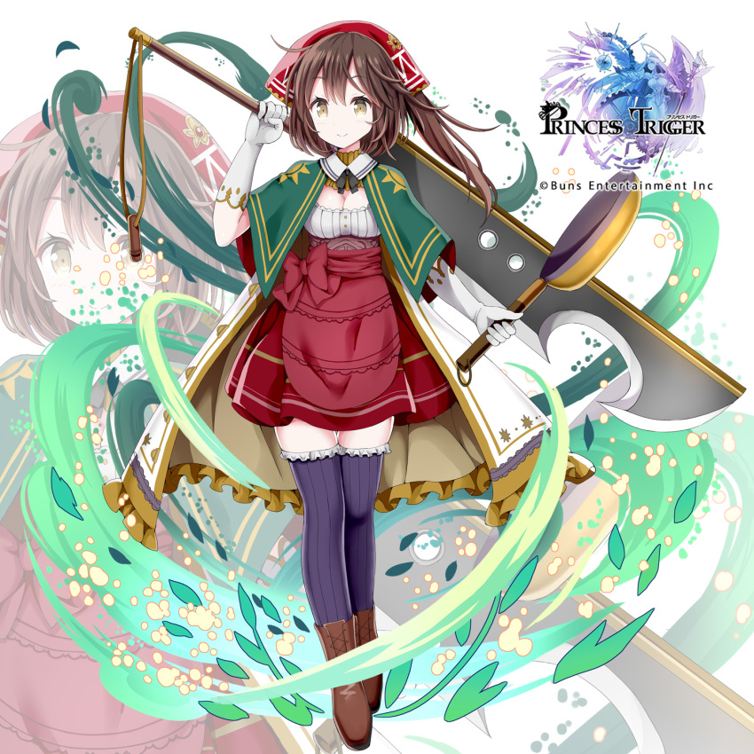 1girl apron bangs blush boots bow breasts brown_eyes brown_footwear brown_hair character_request cleavage closed_mouth commentary_request copyright_name elbow_gloves eyebrows_visible_through_hair frilled_legwear frying_pan full_body givuchoko gloves green_capelet hair_between_eyes head_scarf highres holding holding_sword holding_weapon huge_weapon long_hair looking_away medium_breasts official_art princess_trigger purple_legwear red_apron red_bow red_skirt ribbed_legwear skirt smile solo sword waist_apron watermark weapon white_background white_gloves zoom_layer