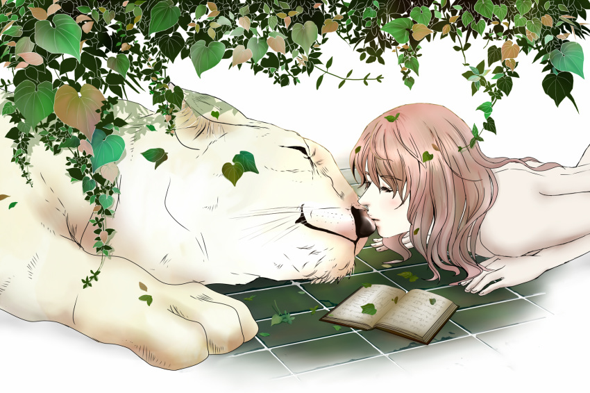 ambiguous_gender bestiality book duo felid female female/ambiguous feral floor_tiles hi_res human human_on_feral interspecies kissing lion lying mammal nose_kiss nude on_front pantherine paws plant size_difference smile visqycrown whiskers