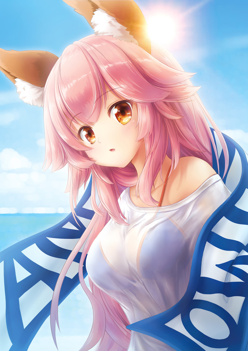 1girl animal_ear_fluff animal_ears artist_request bikini bikini_under_clothes blue_bikini breasts cleavage collarbone eyebrows_visible_through_hair fate/grand_order fate_(series) fox_ears fox_girl highres large_breasts looking_at_viewer ocean open_mouth outdoors pink_hair see-through shirt side-tie_bikini solo sun swimsuit tamamo_(fate)_(all) tamamo_no_mae_(swimsuit_lancer)_(fate) wet wet_clothes wet_shirt wet_t-shirt yellow_eyes