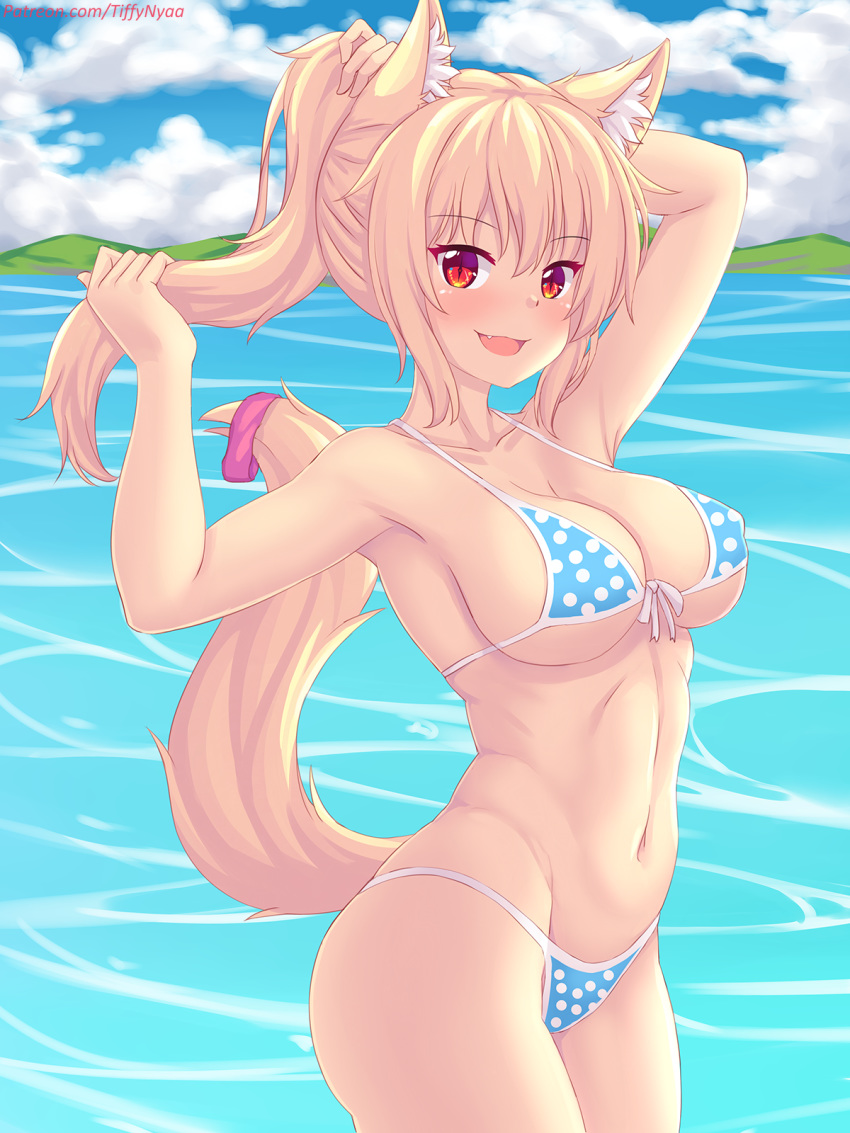 1girl :d animal_ear_fluff animal_ears arm_up armpits bangs bare_arms bare_shoulders bikini blonde_hair blue_bikini blush breasts cat_ears cat_girl cat_tail cleavage collarbone commentary covered_nipples day english_commentary eyebrows_visible_through_hair fang fast-runner-2024 front-tie_bikini front-tie_top groin hair_between_eyes hair_ornament hair_scrunchie hand_up highres large_breasts long_hair looking_at_viewer navel open_mouth original outdoors pink_scrunchie polka_dot polka_dot_bikini ponytail red_eyes scrunchie sidelocks slit_pupils smile solo swimsuit tail tail_raised tiffy_(fast-runner-2024) tying_hair water watermark web_address