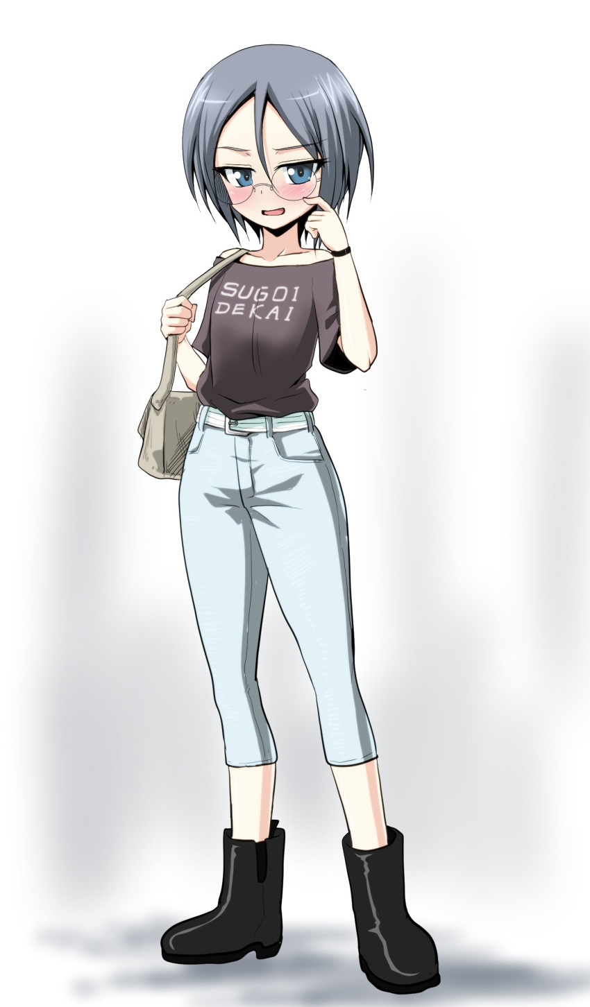 1girl absurdres bag belt black_footwear black_shirt blue_eyes blue_pants blush boots bracelet capri_pants carrying casual clothes_writing commentary finger_to_face full_body girls_und_panzer glasses grey_hair handbag highres irony jewelry kamishima_kanon looking_at_viewer no_socks off-shoulder_shirt off_shoulder open_mouth pants romaji_text round_eyewear rumi_(girls_und_panzer) shirt short_hair short_sleeves smile solo translated white_belt