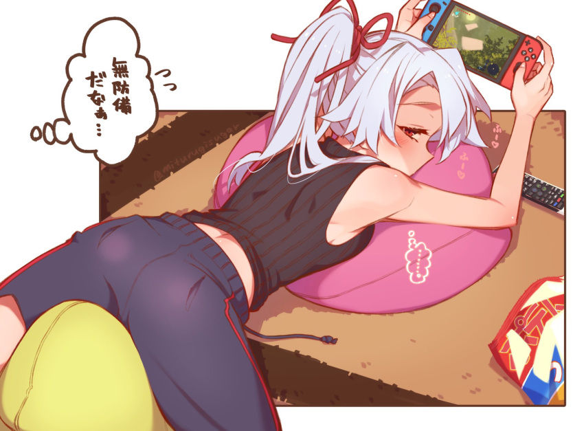 1girl armpits ass bag_of_chips black_shorts black_tank_top blush border commentary_request controller fate/grand_order fate_(series) hair_ribbon handheld_game_console highres holding_handheld_game_console joy-con long_hair looking_at_viewer lying mitsurugi_sugar nintendo_switch on_stomach pillow playing_games ponytail red_eyes red_ribbon remote_control ribbed_shirt ribbon shirt shorts silver_hair solo tank_top thought_bubble tomoe_gozen_(fate/grand_order) white_border