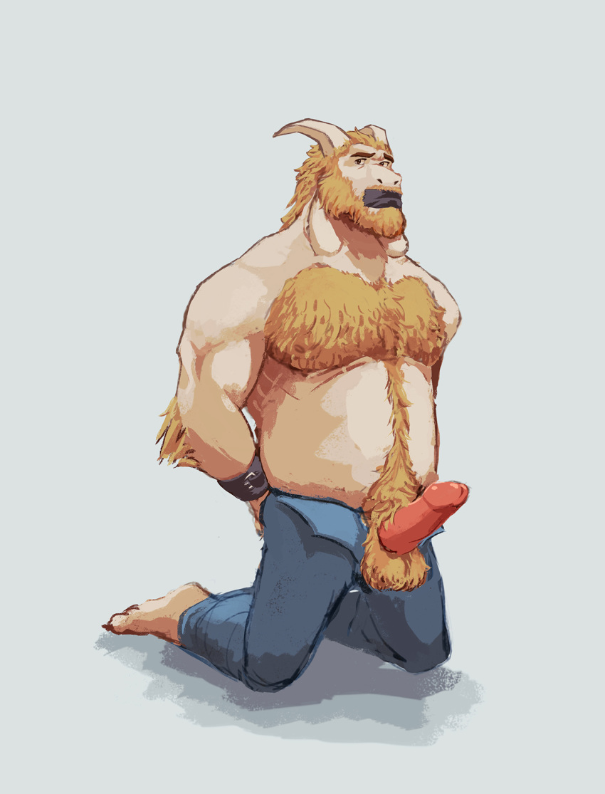 anthro asgore_dreemurr balls barefoot bdsm beard biped blonde_hair body_hair bondage boss_monster bottomwear bound bovid caprine chest_hair clothing domination erection facial_hair fur gag gagged genitals glans hair hairy hands_behind_back happy_trail hi_res horn humanoid_genitalia humanoid_penis long_ears male mammal mature_male musclegut muscular muscular_male mustache nipples open_pants pants penis pink_glans pink_penis pubes qwerty-0 slightly_chubby solo submissive submissive_male tape tape_gag undertale video_games yellow_balls