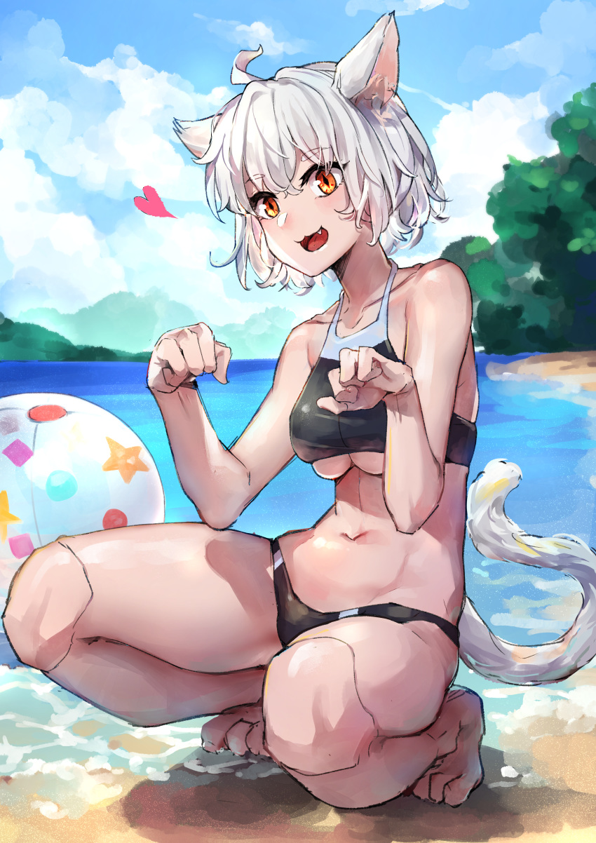 1girl absurdres animal_ears ball beachball breasts cat_ears cat_tail curly_hair fang feet full_body heart highres hunter_x_hunter medium_breasts mr.lime navel neferpitou ocean open_mouth red_eyes short_hair sky slit_pupils solo swimsuit tail underboob wavy_mouth white_hair