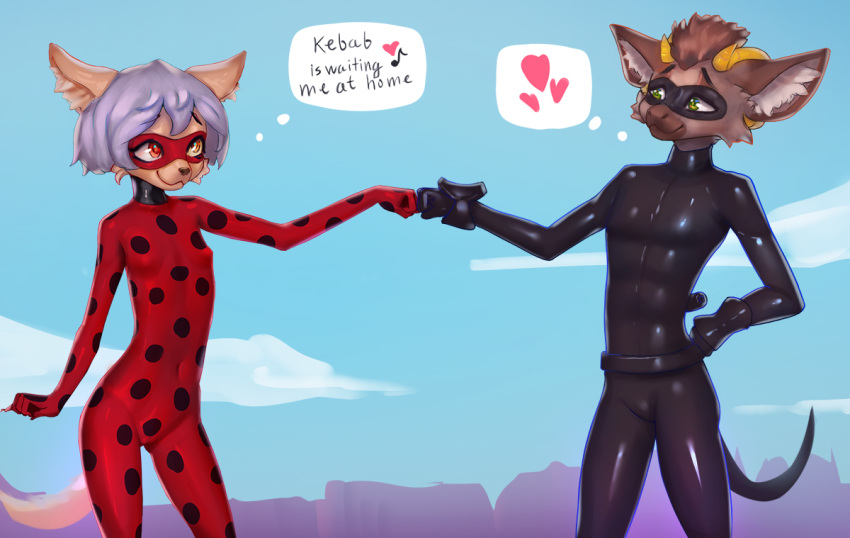 anthro arthropod basitin beetle cat_noir cosplay crossgender cucujoid duo eugeniyburnt_(character) female friends hair heterochromia insect invalid_tag male oktiwolfik saneaz silver_hair twokinds voogaroo webcomic