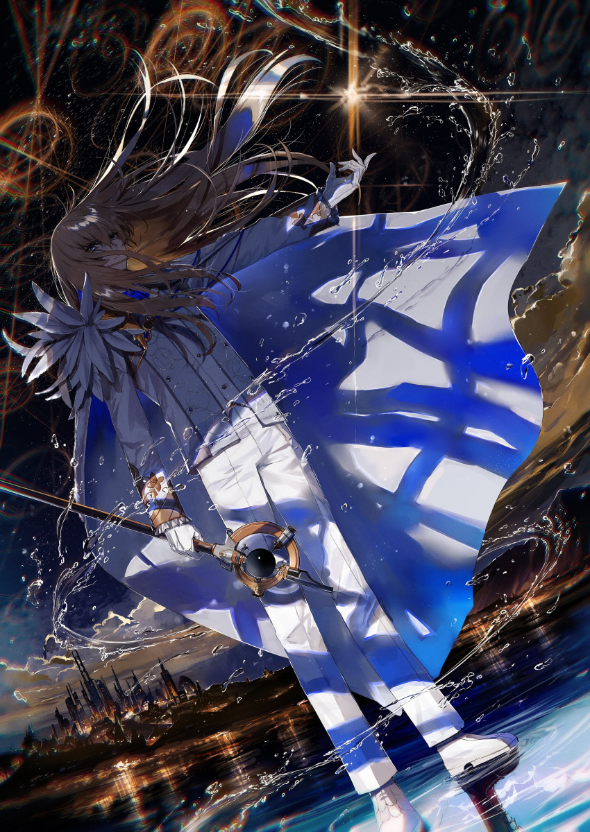 1boy absurdres blonde_hair blue_eyes brown_hair cane cape chromatic_aberration city diffraction_spikes dutch_angle fate/grand_order fate_(series) feather_trim floating_hair formal from_below fuuna_(conclusion) gloves hair_over_eyes highres hydrokinesis jacket kirschtaria_wodime long_hair long_sleeves looking_at_viewer magic_circle male_focus night outdoors outstretched_arm pants parted_lips skyline solo standing standing_on_liquid suit wand water white_footwear white_gloves white_jacket white_pants white_suit