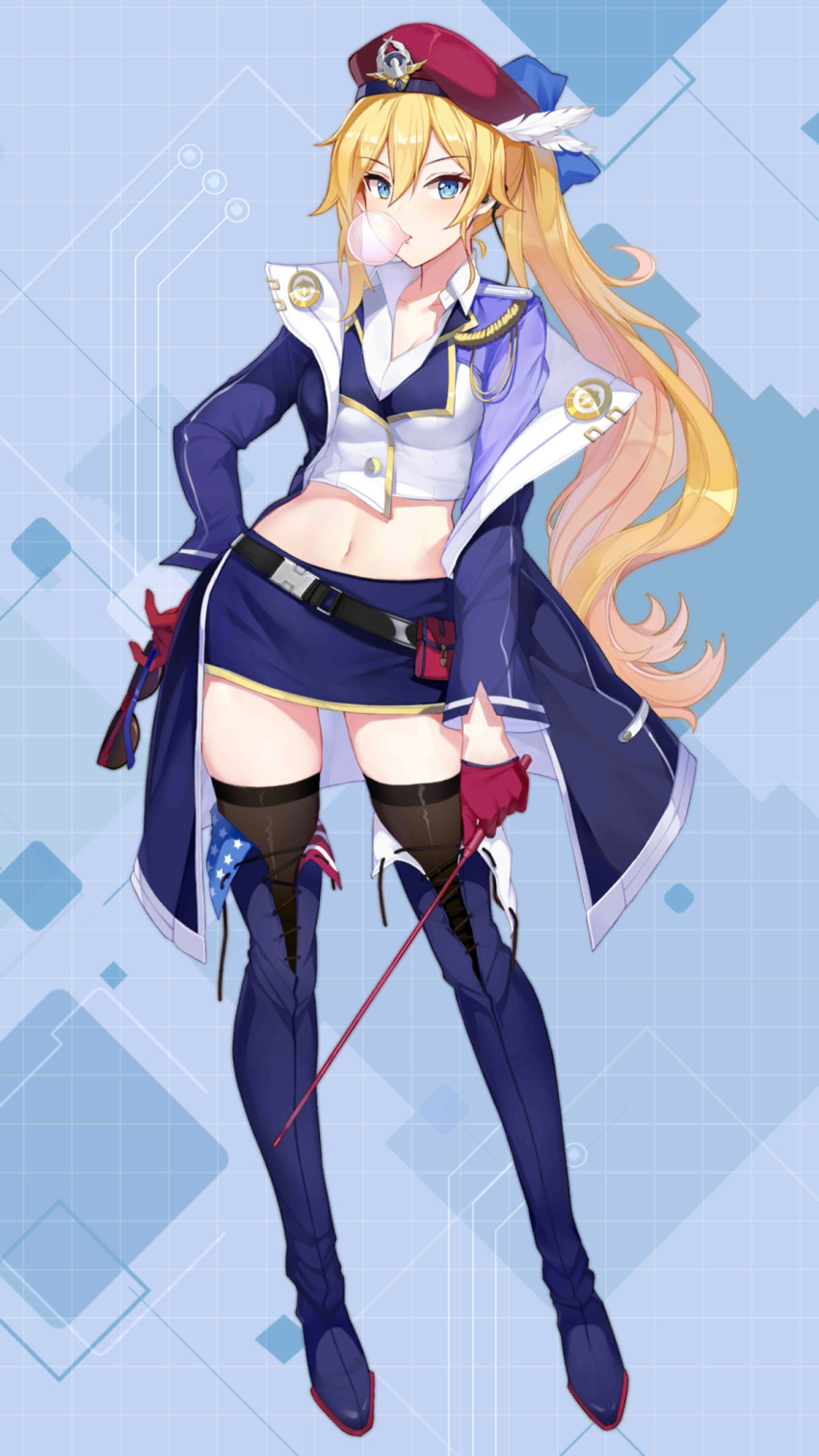 1girl aiguillette belt black_legwear blonde_hair blue_coat blue_eyes blue_footwear blue_skirt boots breasts bubble_blowing coat collared_shirt criin crop_top earphones eyewear_removed full_body girl_cafe_gun gloves hair_between_eyes hand_on_hip hat highres holding juno_emmons large_breasts long_hair long_sleeves looking_at_viewer midriff miniskirt navel off_shoulder official_art open_clothes open_coat ponytail red_gloves red_headwear riding_crop shirt skirt solo standing sunglasses thigh_boots thighhighs very_long_hair white_shirt zettai_ryouiki