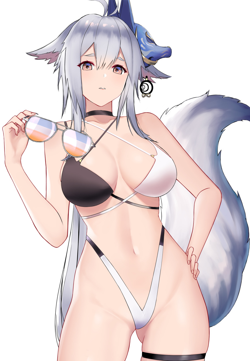 1girl absurdres animal_ears ass_visible_through_thighs azur_lane bangs bare_shoulders bikini black_bikini black_choker breasts choker cleavage commentary_request eyebrows_visible_through_hair fox_ears fox_mask fox_tail hair_between_eyes halterneck highleg highres large_breasts liangfen232 long_hair looking_at_viewer mask mask_on_head navel simple_background solo swimsuit tail thigh_strap tosa_(azur_lane) two-tone_bikini white_background white_bikini