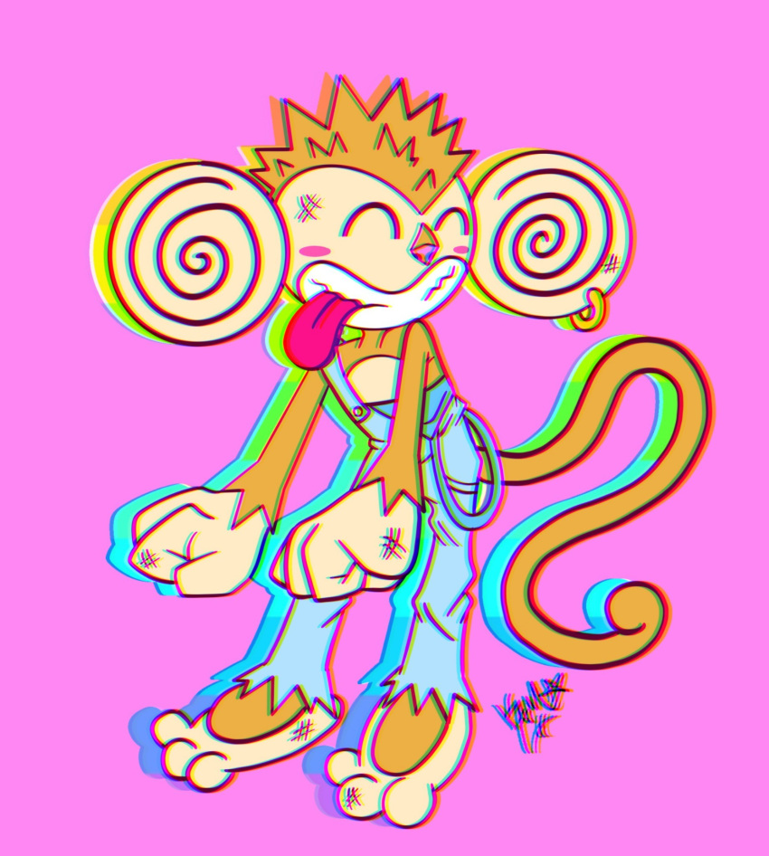 2020 anthro ape barefoot big_ears clothed clothing ear_piercing haplorhine hi_res humanoid kammydaydream male mammal monkey overalls piercing primate smile solo tongue tongue_out