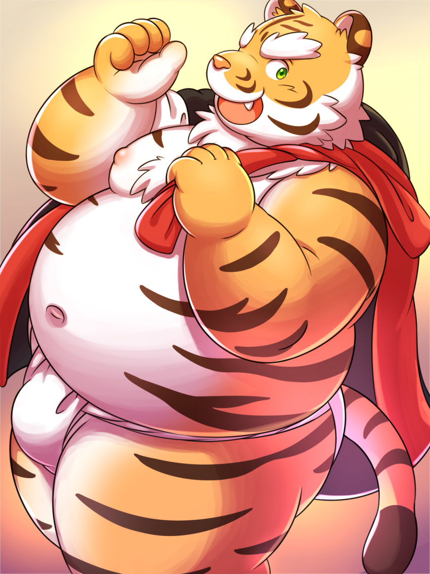 2020 3:4 anthro asian_clothing belly bulge clothing cute_fangs east_asian_clothing felid fundoshi green_eyes hi_res humanoid_hands japanese_clothing kemono lako male mammal moobs navel nipples overweight overweight_male pantherine simple_background solo tiger underwear