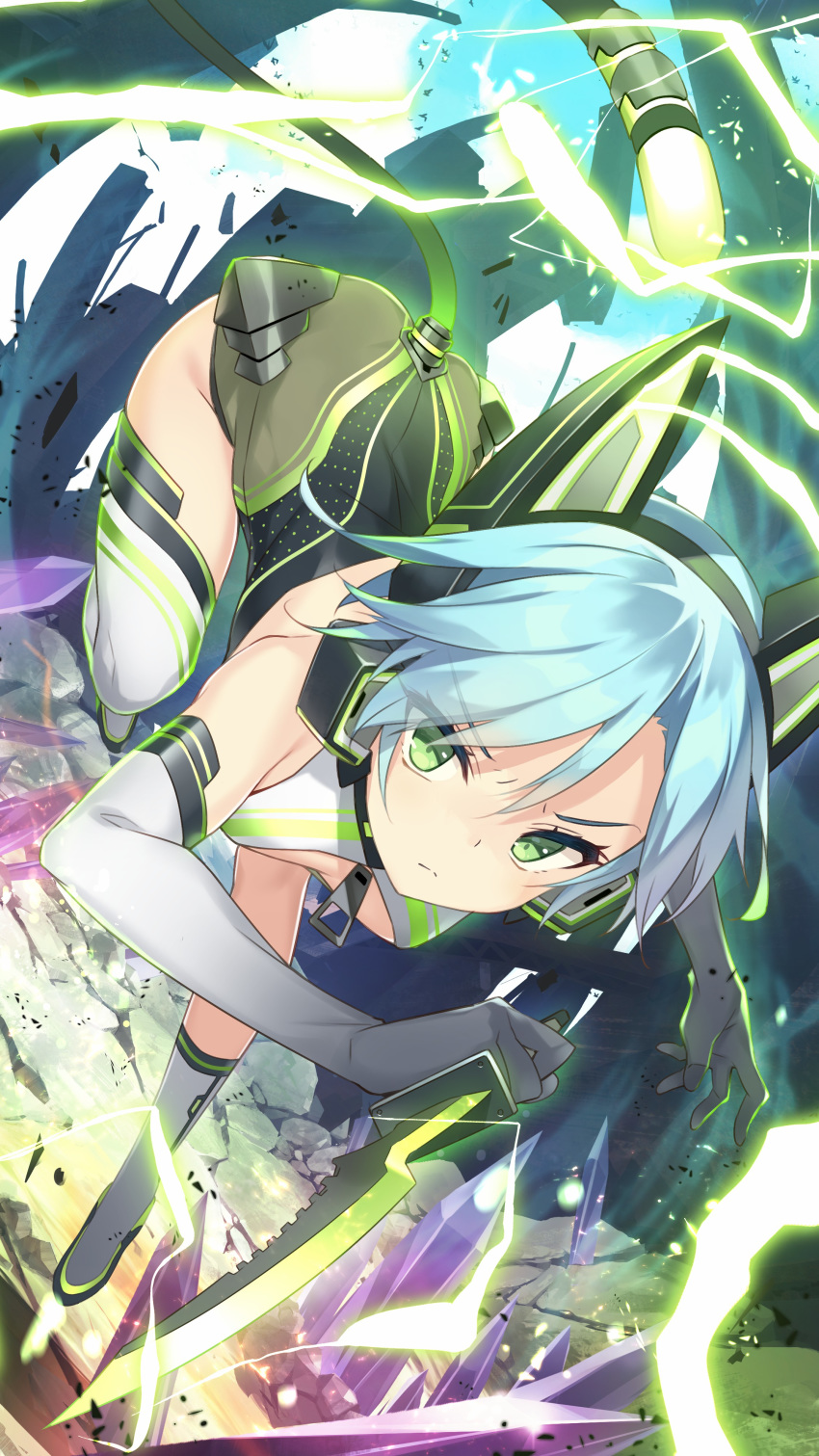 1girl absurdres animal_ears aqua_hair asymmetrical_footwear bare_shoulders bent_over bodysuit boots breasts closed_mouth cornelia_(girl_cafe_gun) elbow_gloves fake_animal_ears fake_tail girl_cafe_gun gloves green_eyes hayakawa_harui headphones highres holding holding_knife knife lightning looking_at_viewer official_art reverse_grip running short_hair sleeveless small_breasts solo tail thighs v-shaped_eyebrows