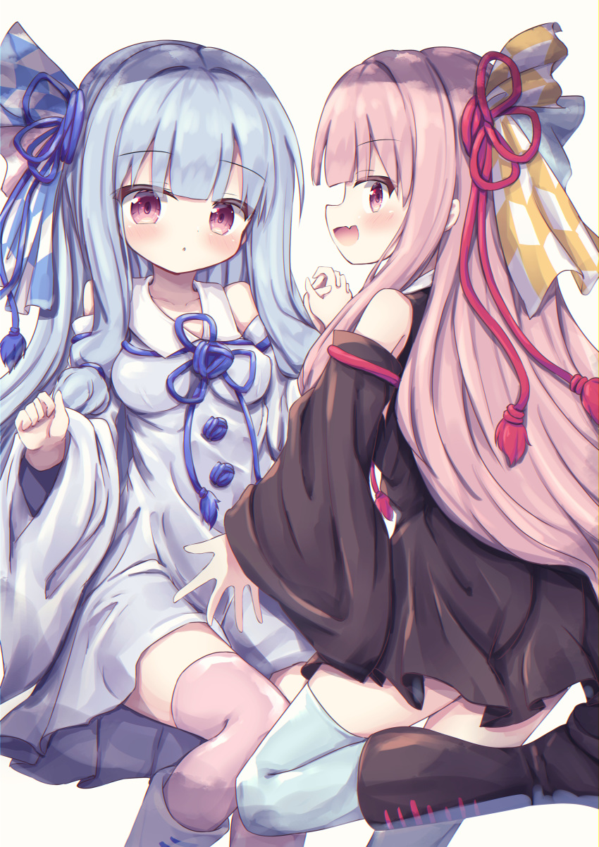 2girls :d :o absurdres bangs bare_shoulders black_dress black_footwear black_sleeves blue_dress blue_hair blue_legwear blue_ribbon blue_sleeves blush boots breasts collared_dress commentary_request detached_sleeves dress eyebrows_visible_through_hair fang grey_background hair_ribbon highres holding_hands interlocked_fingers kotonoha_akane kotonoha_aoi long_hair long_sleeves medium_breasts multiple_girls open_mouth parted_lips pink_hair pink_legwear pleated_dress profile red_eyes red_ribbon ribbon siblings sideways_mouth simple_background sisters sleeveless sleeveless_dress smile standing standing_on_one_leg thighhighs thighhighs_under_boots twins very_long_hair voiceroid waste_(arkaura) white_footwear wide_sleeves